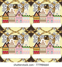 Vector illustration. Village in Christmas, banner on background with snow and snowflakes. Greeting card.