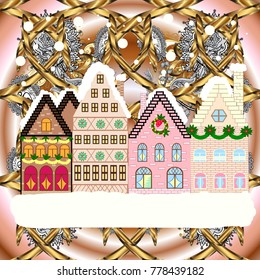 Vector illustration. Village in Christmas, banner on background with snow and snowflakes. Greeting card.