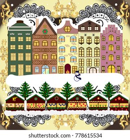 Vector illustration. Village in Christmas, banner on background with snow and snowflakes. Greeting card.