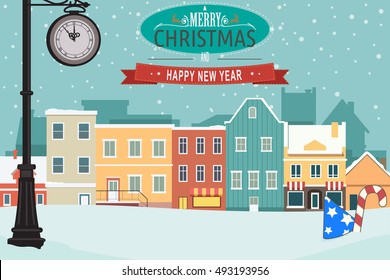 A vector illustration of a Village During Winter for Christmas Greeting Card