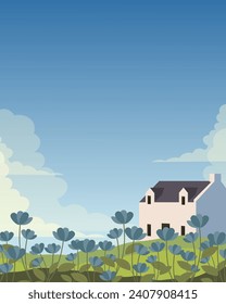 Vector illustration. Village, house, field, flowers, spring. Design for postcard, cover, poster, banner.