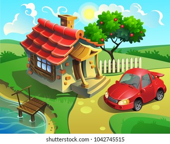 Vector illustration of a village house with a red car. Fairytale background.