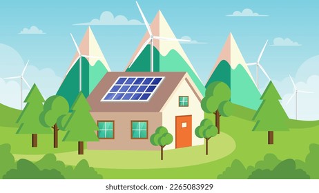 Vector illustration of Village House that generate electric energy from renewable sources like solar panels and wind turbines.