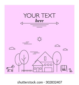 Vector illustration with a village landscape. Design template with a house, a garden, a dog, a horse, a swing and a fence. Linear and stylish. Countryside background.