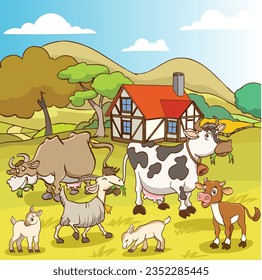 vector illustration of village landscape and farm animals