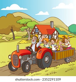 vector illustration of village landscape and grandpa grandsons.farmer family riding tractor