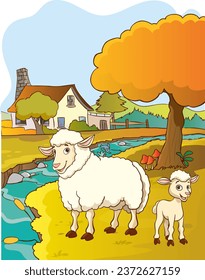 vector illustration of village landscape and sheep family