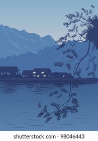 Vector illustration of village on the bank of lake in the evening in dark blue tone with the Asian motive.