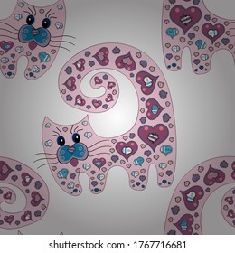 Vector illustration. Village pattern for textile and fabric. Seamless pattern pretty cat illustration. Design in neutral, pink and white colours. The illustration of a cute kitten.