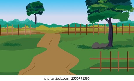 Vector illustration of village road vector art village tree background for cartoon