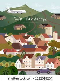 Vector illustration of a village town in Europe, cityscape with houses, mountains and trees, background for poster, covers, cards, banner