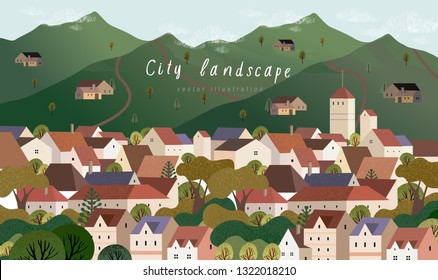 Vector illustration of a village town in Europe, cityscape with houses, mountains and trees, background for poster, covers, cards, banner