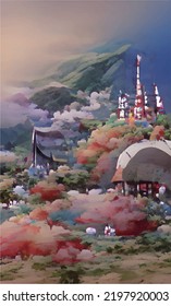 Vector illustration of a village under the mountain