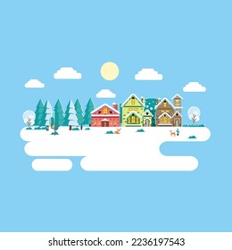 Ilustración vectorial de pueblo en invierno con estilo de diseño plano