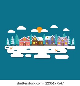 Vector illustration of village in winter with flat design style