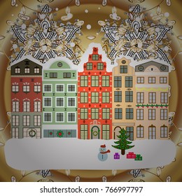 Vector illustration. Village winter landscape with snow cove houses and christmas tree with Christmas presents.