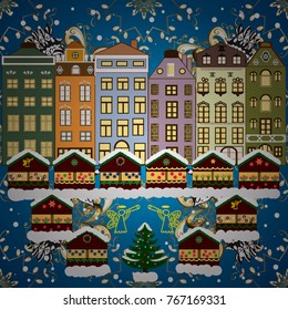 Vector illustration. Village winter landscape with snow cove houses and christmas tree with Christmas presents.