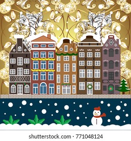 Vector illustration. Village winter landscape with snow cove houses and christmas tree with Christmas presents.