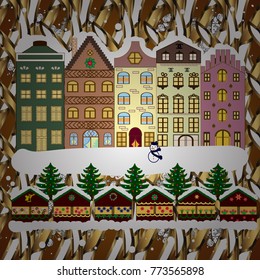 Vector illustration. Village winter landscape with snow covered houses and christmas tree with Christmas presents.