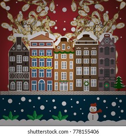 Vector illustration. Village winter landscape with snow cove houses and christmas tree with Christmas presents.