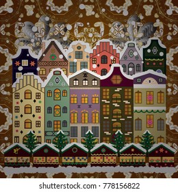 Vector illustration. Village winter landscape with snow cove houses and christmas tree with Christmas presents.