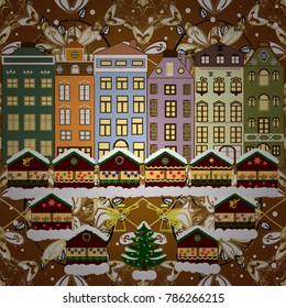Vector illustration. Village winter landscape with snow cove houses and christmas tree with Christmas presents.