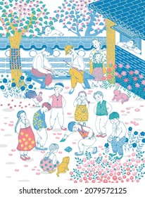 Vector illustration of villagers who enjoy various traditional games in Korea. Design for Poster, card, picture frame, fabric, web design and print project
