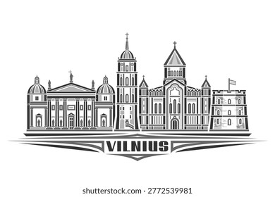 Vector illustration of Vilnius, monochrome horizontal card with linear design vilnius city scape, historical urban line art concept with decorative lettering for dark text vilnius on white background