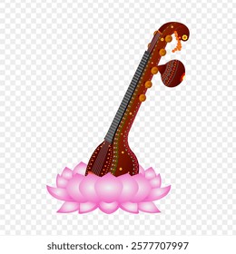 Vector illustration of Vina instrument with pink lotus on transparent background