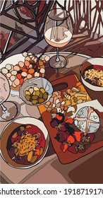 vector illustration vine and cheese plate romantic dinner