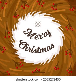Ilustración vectorial de un afiche de la corona de vid con bayas de Navidad. Afiche de una corona marrón hecha de ramas con bayas. Bonita decoración de invierno. 