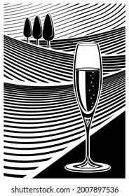 Vector illustration of a vineyard. In the foreground are a glass of champagne. In black and white colors.