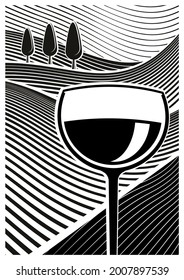 Vector illustration of a vineyard. In the foreground are a glass of wine. In black and white colors.