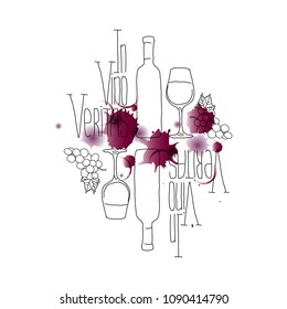 Vector illustration. In Vino Veritas. Hand drawn. Bottle, glass and grape. No background.