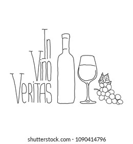 Vector illustration. In Vino Veritas. Hand drawn. Bottle, glass and grape. No background.