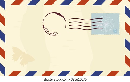 Vector illustration of a vintage air mail envelope, with a postage stamp with a flower drawing, words 'Air mail' and a drawing of a butterfly; with a place for text
