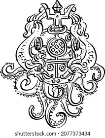 Vector illustration vintage antique diving scuba diver octopus sticker print