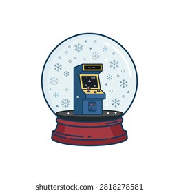 A vector illustration of a vintage arcade cabinet inside a snowy Christmas globe.