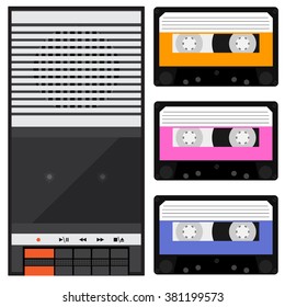 Vector illustration vintage audio tape recorder and three different color cassette. Tape recorder icon