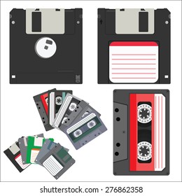 Vector illustration of vintage audio tapes and diskettes.