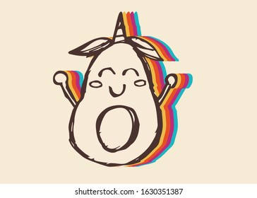 Vector Illustration of Vintage Avocado Fruit with Cute and Rainbow Color