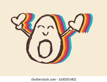 Vector Illustration of Vintage Avocado Fruit with Cute and Rainbow Color