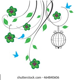 vector illustration of a vintage background with bird cages and flowers
