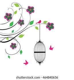vector illustration of a vintage background with bird cages and flowers