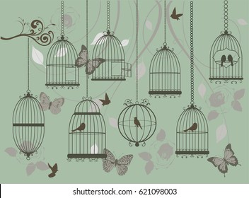 Vector illustration of vintage background with birds, cages, butterflies.