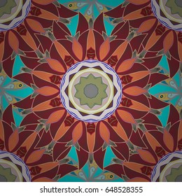 Vector illustration. Vintage baroque mandala ornament on blue background. Decorative design element filigree calligraphy. Retro pattern antique style acanthus.