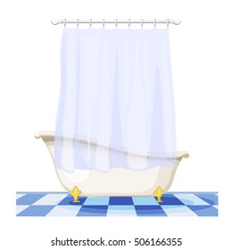 Vector illustration of vintage bathtub with a curtain on the tile floor. Furnishings bathroom. 
Retro bath with curtain, hygiene facility