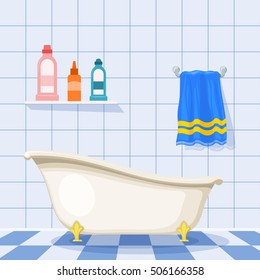 Vector illustration of vintage bathtub on the tiled floor with plastic bottles of shampoo and a 
blue towel on the wall. Cartoon style. Set of items for care. Retro bathroom