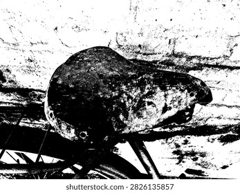 Vector illustration of a vintage bicycle leather saddle beside an old brick wall in grunge style.