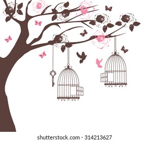 vector illustration of a vintage bird cage with doves